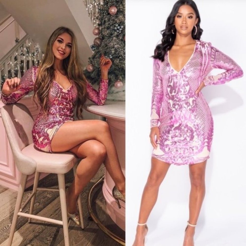 Milan Pink Baroque Sequin V Neck Long Sleeve Dress - Picture 10 of 10